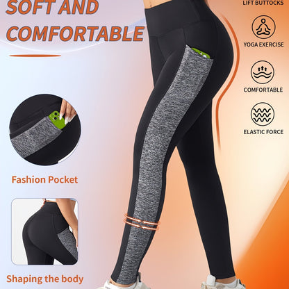 [1pc Women'S High Waist Yoga Leggings] 1pc Women'S High Waist Yoga Leggings with Contrast Color Pocket, Soft Stretchable Polyester Knit Sports Pants, Breathable Activewear for All Seasons