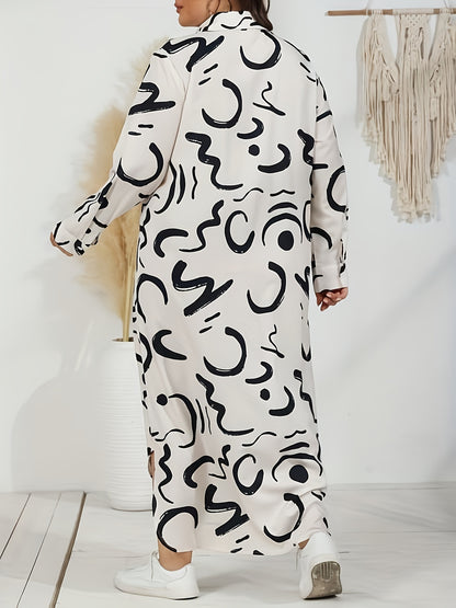 Vestido camisero elegante de talla grande con estampado abstracto, cuello con solapa, botones, mezcla de poliéster, tejido no elástico, para todo el año - 95 % poliéster, 5 % elastano