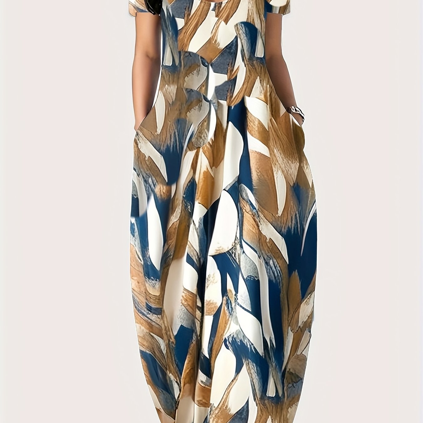 [1pc Plus Size Geometric Print Maxi Dress] 1pc Plus Size Geometric Print Maxi Dress, Stretchy Polyester Knit, Round Neck, Short Sleeve, Casual Loose Fit with Pockets, All-Season Versatile Style