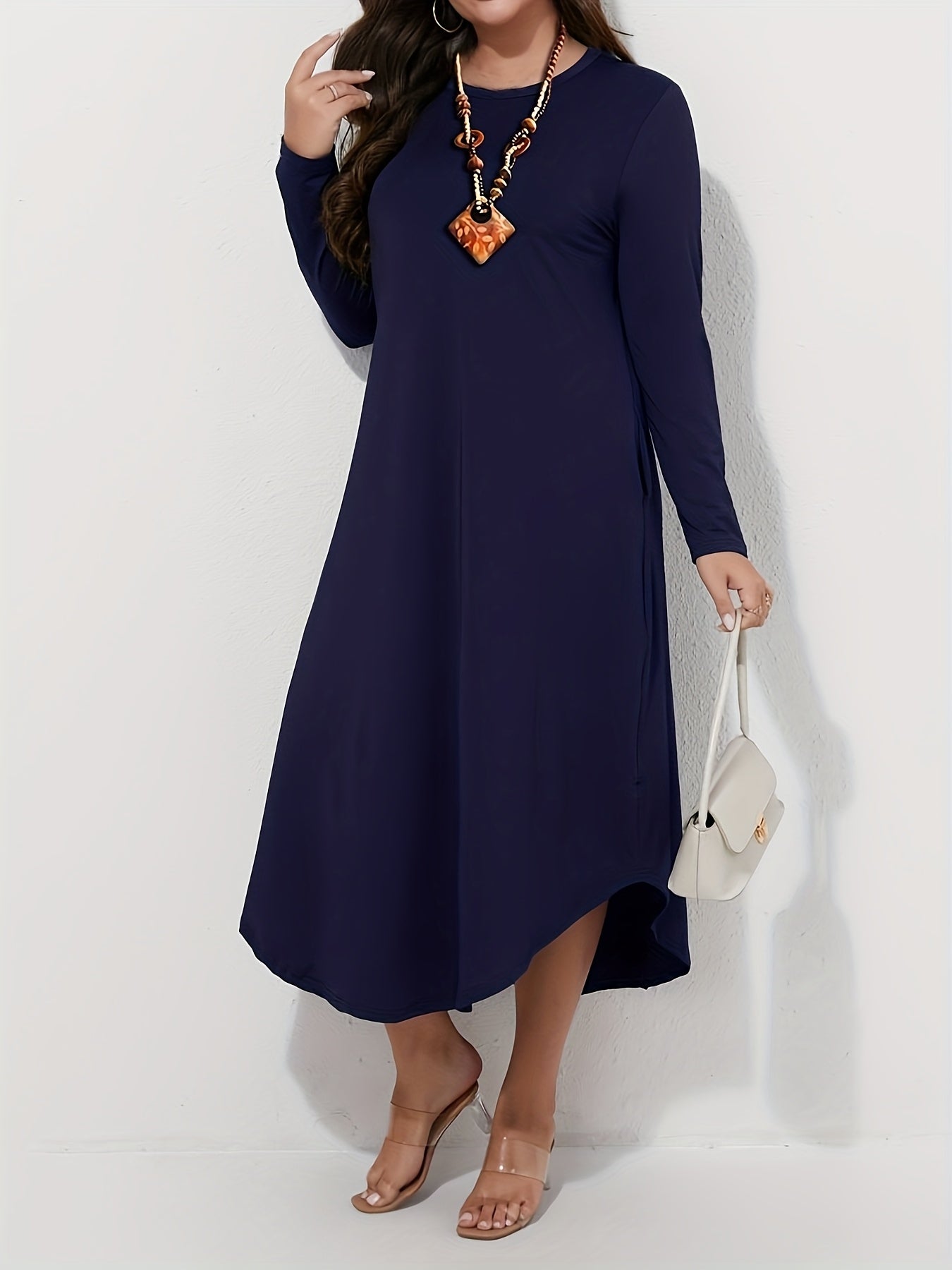 Plus Size Solid Color Dress, Casual Long Sleeve Crew Neck Dress for Spring & Fall, Women's Plus Size Clothing