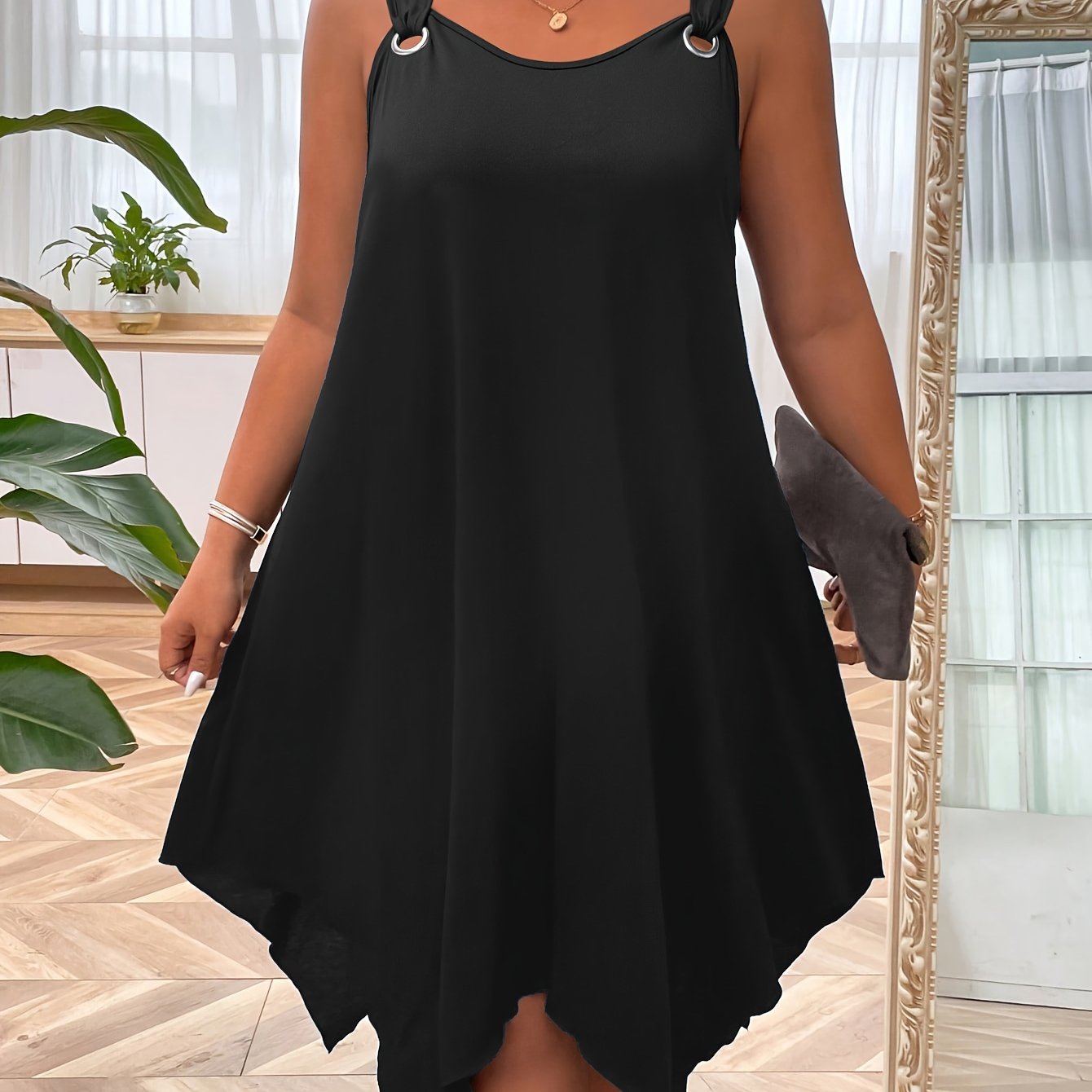 Plus Size Solid Irregular Hem Print Tank Dress, Casual Sleeveless Dress For Spring & Summer, Women's Plus Size Clothing