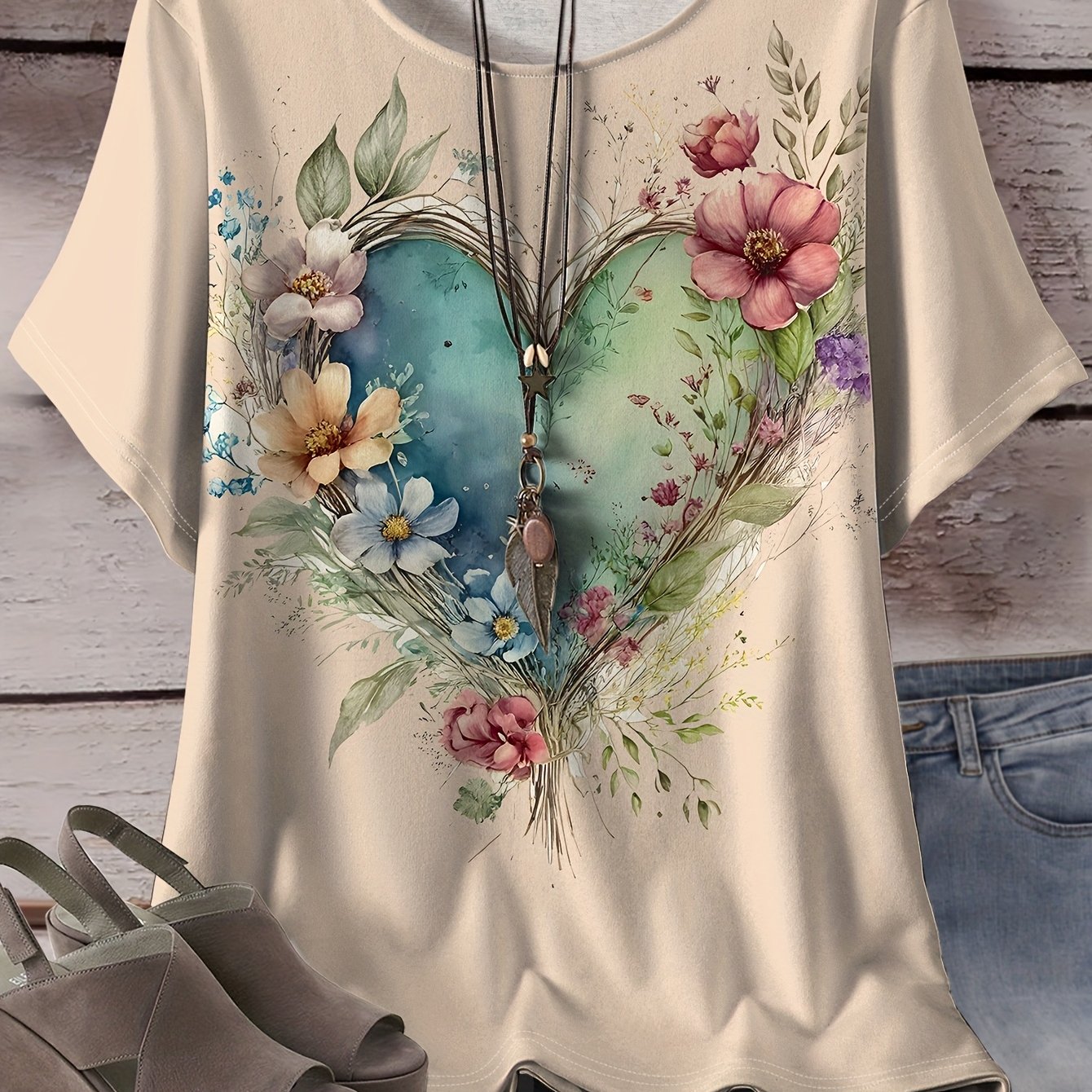 Women's Plus Size Light Blue Floral Heart All-Over Print T-Shirt - Stretchy Casual Round Neck Short Sleeve Top, Machine Washable for Casual Attire, Versatile Wardrobe Staple, Stylish Graphic Tee, Comfortable Fit, Printed Blou