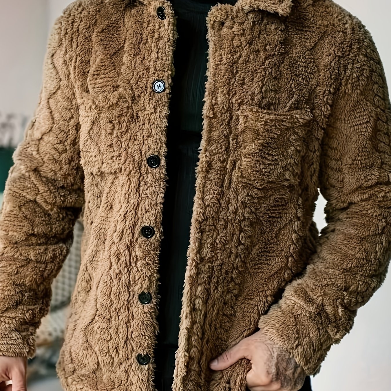 Men's Casual Solid Color Flannel Jacket - Cozy Polyester, Button-Up Outerwear with Pockets, Long Sleeves for Fall & Winter