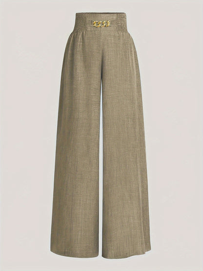 Elegante pantalón ancho con cintura fruncida. Mezcla de poliéster, sin elasticidad, color liso, apto para todas las estaciones.