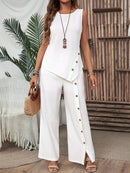 Women's Summer Irregular Hem Buttonless Sleeveless Shirt and Loose Straight Pants Set