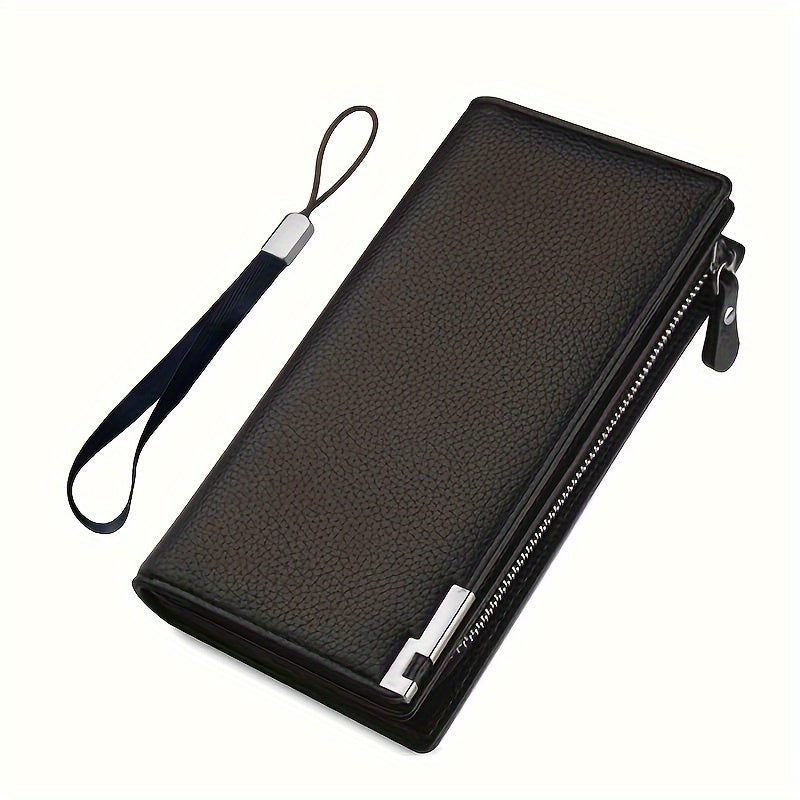 Elegante cartera para hombre de piel sintética negra: bolso de mano de gran capacidad con cierre de cremallera, diseño de bloques de color, múltiples ranuras para tarjetas y forro de poliéster