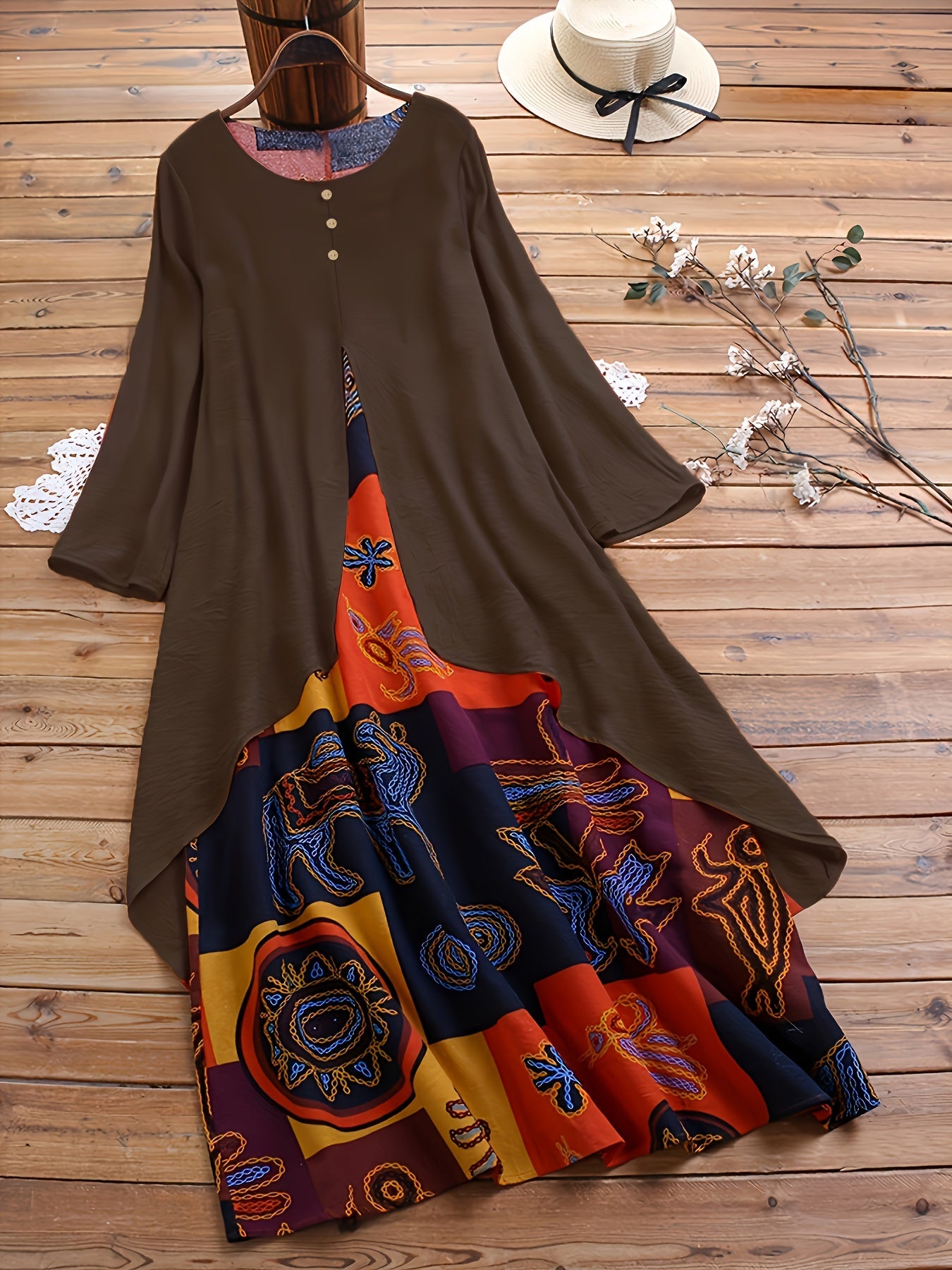 Plus Size 2-in-1 Graphic Print Dress, Casual Button Decor Crew Neck Long Sleeve Dress For Spring, Women's Plus Size Clothing
