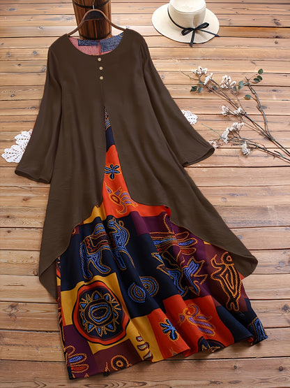 Plus Size 2-in-1 Graphic Print Dress, Casual Button Decor Crew Neck Long Sleeve Dress For Spring, Women's Plus Size Clothing