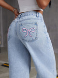 HEY+JEANS Girls' Fashion Denim Jeans, Long Loose Fit, Adjustable Waist, Wide Leg, Butterfly Embroidery, Non-Stretch, Seasonal, Zipper Closure, Youth Casual Pants
