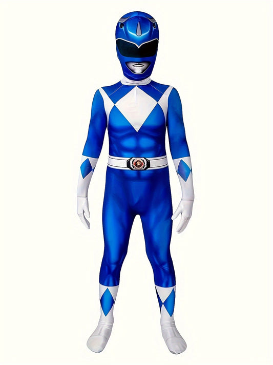 Boy's Cartoon Character Bodysuit, Halloween Carnival Dress Up Blue Jumpsuit, Kid's Dress Up Outfit For Party Performance