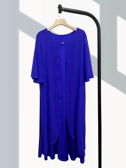 Elegant Plus Size Chiffon-Look Dress for Women - Crew Neck, Short Sleeve with Metallic Detail, Perfect for Spring/Summer/Fall