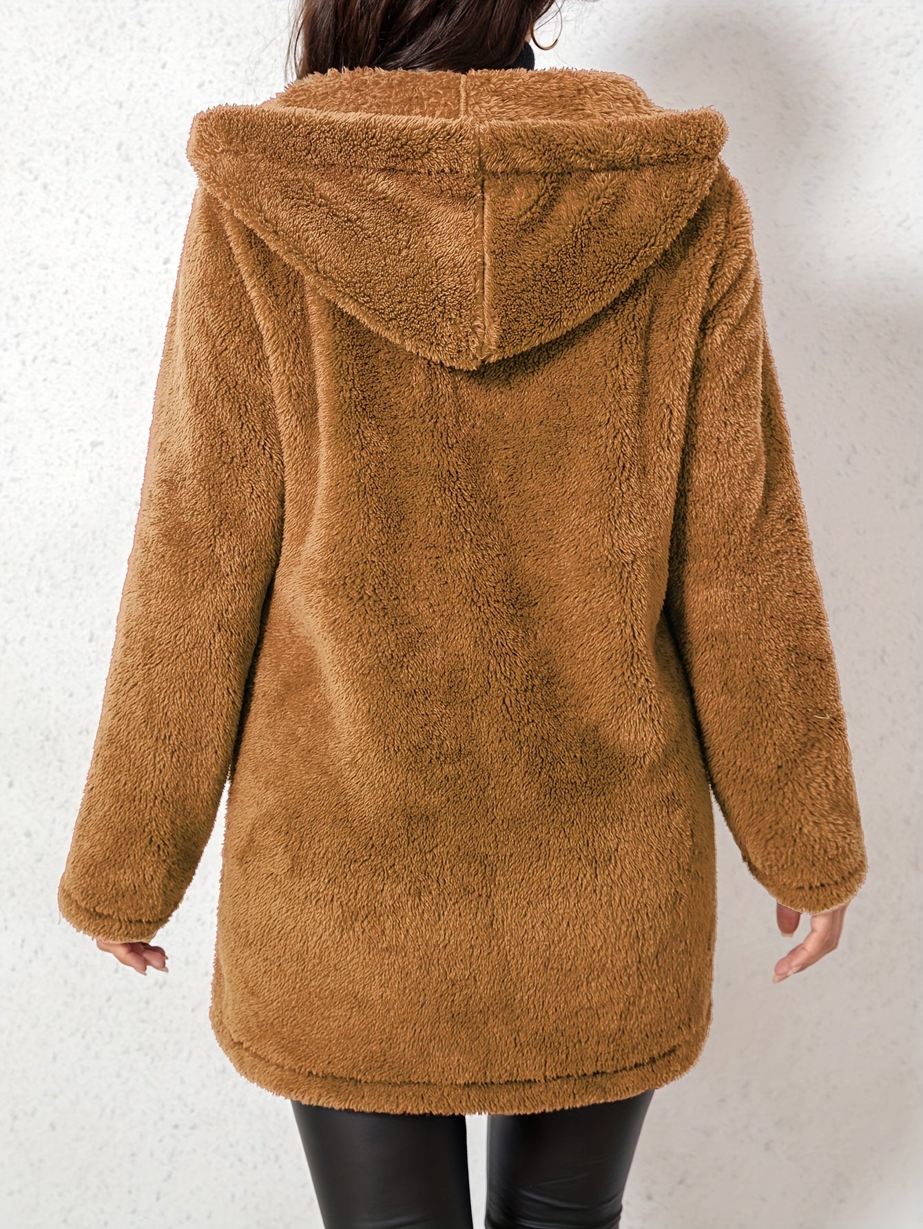 1pc Elegant Women'S Fleece Jacket, Polyester Knit Fabric, Solid Color, Fall/Winter Season, Cozy Warm Outerwear