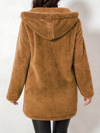 1pc Elegant Women'S Fleece Jacket, Polyester Knit Fabric, Solid Color, Fall/Winter Season, Cozy Warm Outerwear