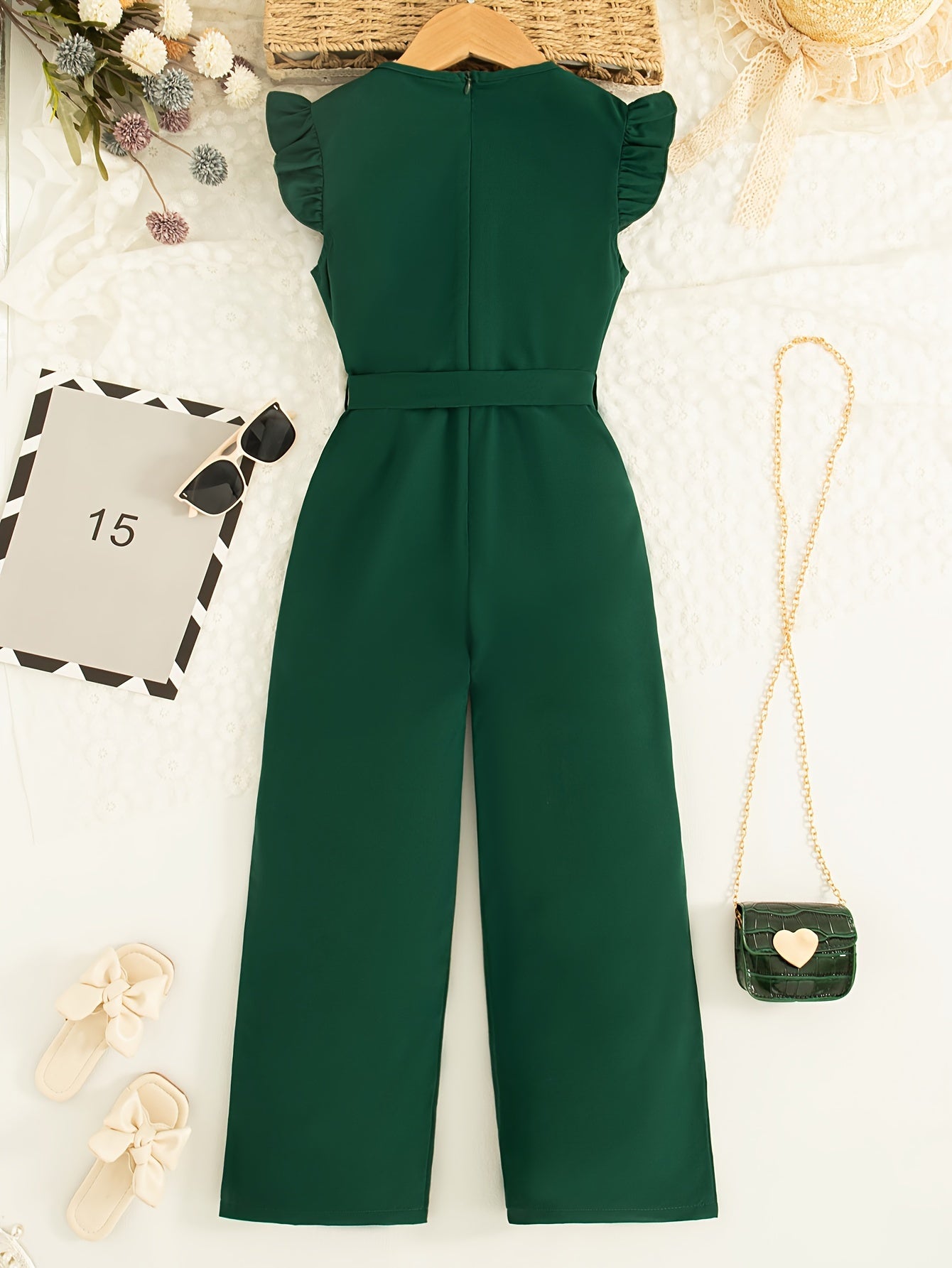 Elegant Girls Solid Belted Flutter Trim Jumpsuit Romper For Summer Party Gift Outdoor