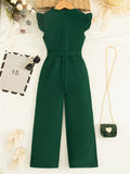 Elegant Girls Solid Belted Flutter Trim Jumpsuit Romper For Summer Party Gift Outdoor