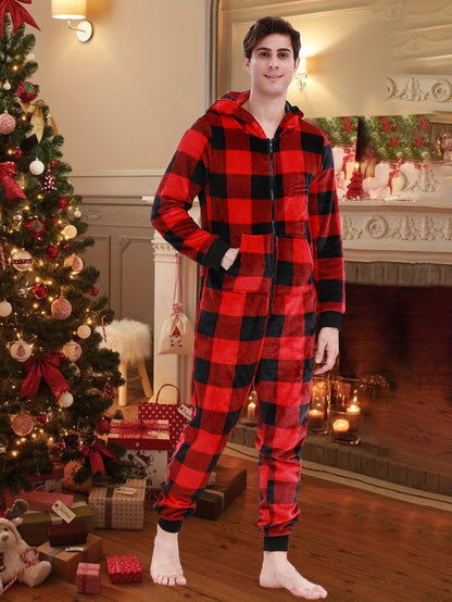 Cozy Men's Plaid Fleece-Lined Hooded Onesie Pajamas - Perfect for Fall/Winter, Machine Washable, Ideal for Halloween & Christmas