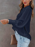 Blusa básica de talla grande para mujer, con botones, mangas farol, cuello vuelto, ligeramente elástica