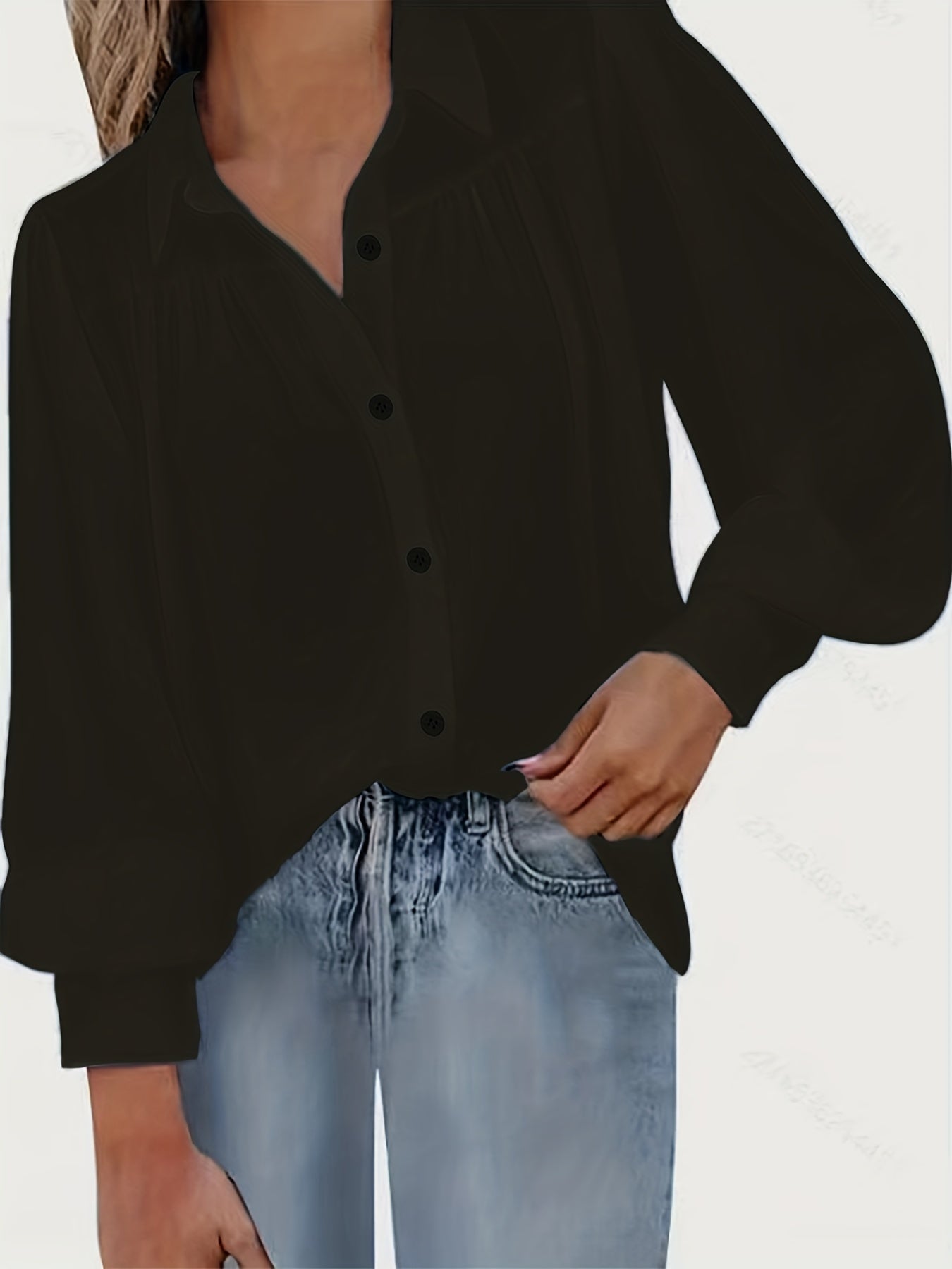 Blusa básica de talla grande para mujer, con botones, mangas farol, cuello vuelto, ligeramente elástica