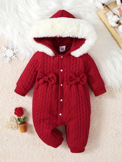 Baby's Adorable Bow Decor Jacquard Casual Fuzzy Hooded Long Sleeve Romper, Toddler &amp; Infant Girl's Bodysuit For Fall Winter Outdoor Wear