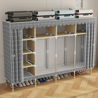 Simplified assembly of steel pipes with thickened reinforcement and 10 large capacity storage racks and 3 hanging clothes poles for storing wardrobes, easy and convenient assembly of checkered fabric cabinets