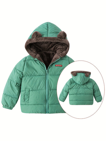 Baby's Warm Fuzzy Lining Quilted Jacket, Zip Up Cute Ears Decor Hooded Coat, Baby Boy's Clothing For Fall Winter Outdoor