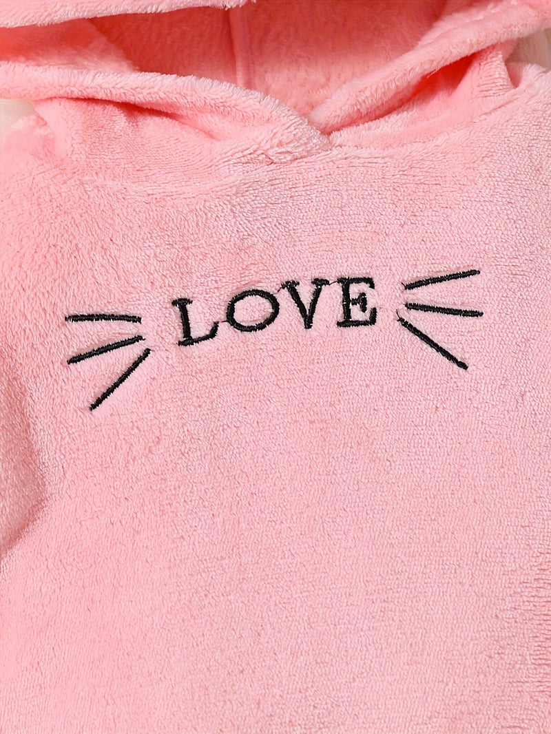 2-piece Baby's LOVE Embroidery Warm Fuzzy Hoodie + Cute Bear Bag + Casual Pants, Toddler &amp; Infant Girl's Outdoor Clothing Set For Fall Winter