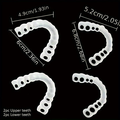 4 prótesis dentales blancas cómodas y flexibles con fijación alveolar superior e inferior fácil de usar.