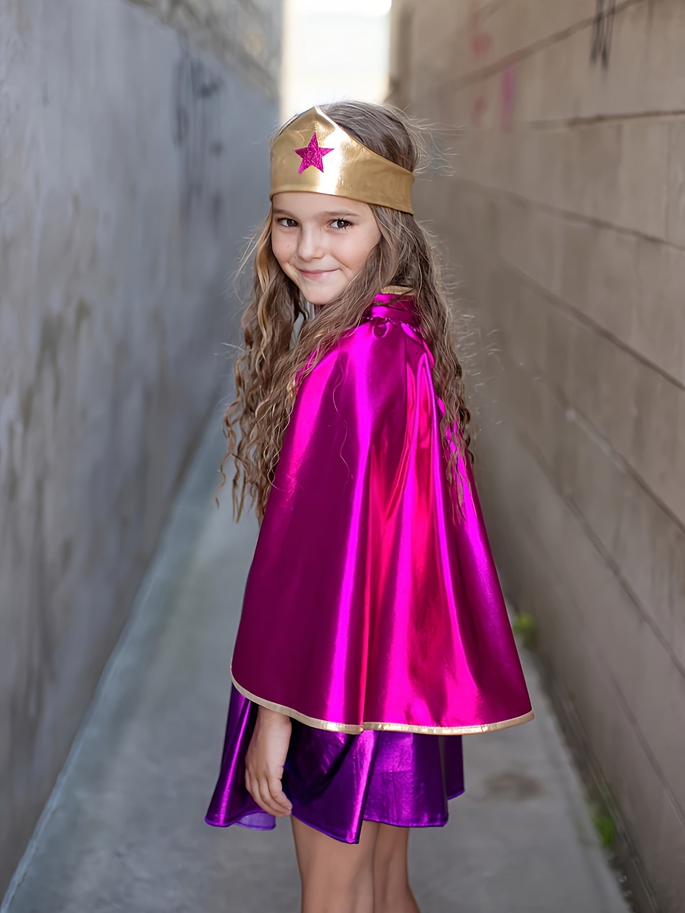 Girl's Star-Printed Cosplay Costume Set, 3-Piece Polyester Party Dress with Cape, Headband, and Skirt, Fun Character Role-Play Outfit for Ages 3-12, Halloween Magic Themed, Fitted Knit Fabric with Button Detail