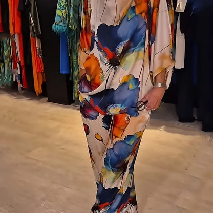 Elegant Floral Print Satin Two-Piece Set for Women - Crew Neck Top & Wide-Leg Pants, Machine Washable