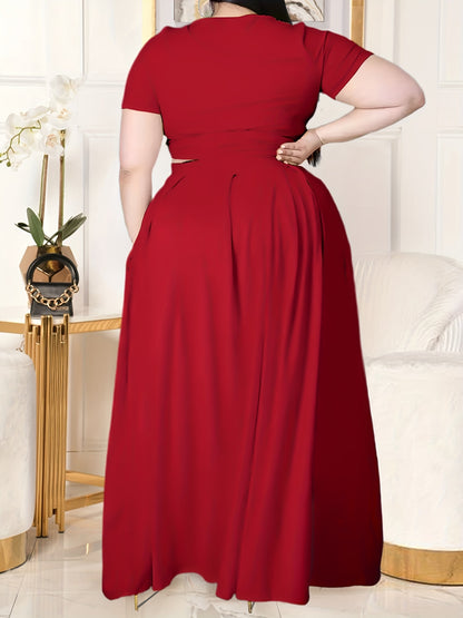 Plus Size Women's Solid Color Cross Tie Maxi Skirt Set, Casual Polyester Knit Dress with Short Sleeves, Round Neck, Pullover, Elastic Fabric, Fashionable Two-Piece Outfit