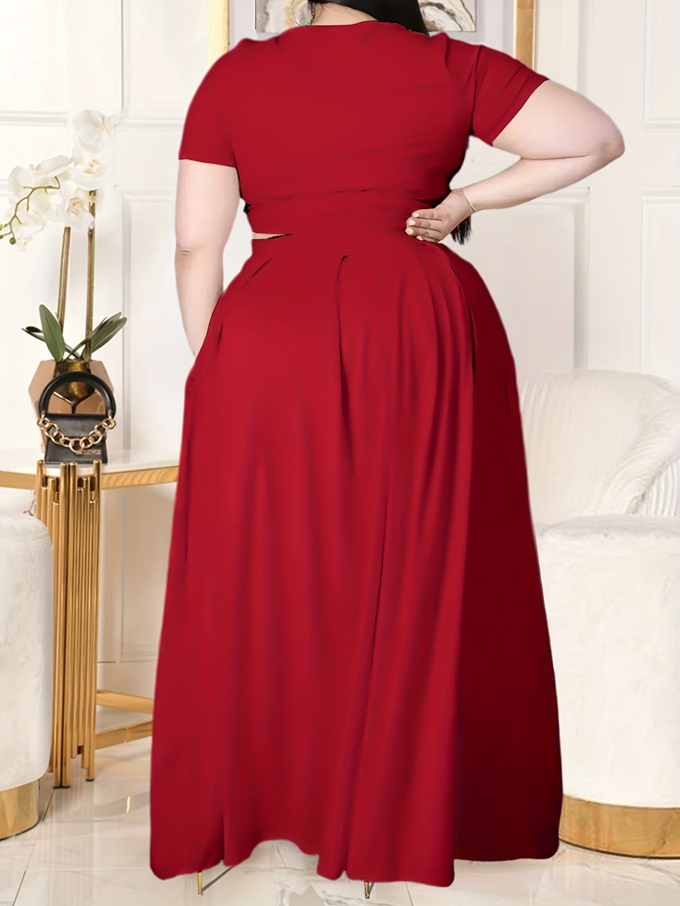 Plus Size Women's Solid Color Cross Tie Maxi Skirt Set, Casual Polyester Knit Dress with Short Sleeves, Round Neck, Pullover, Elastic Fabric, Fashionable Two-Piece Outfit