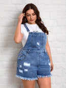 Women's Plus Size High-Waist Ripped Denim Overalls - Casual Loose Fit with Raw Hem, Light Wash Blue, Adjustable Straps & Pockets for Spring/Summer, Everyday Denim Overalls | Button Front Overalls | Nonstretch Fabric