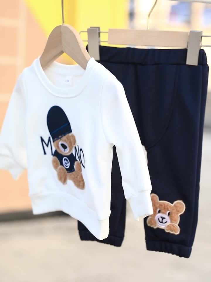 Infant Baby Spring & Autumn Cute Little Bear Print Sweatshirt Set, Long Sleeve Round Neck Top + Trouser Outdoor Clothes Set