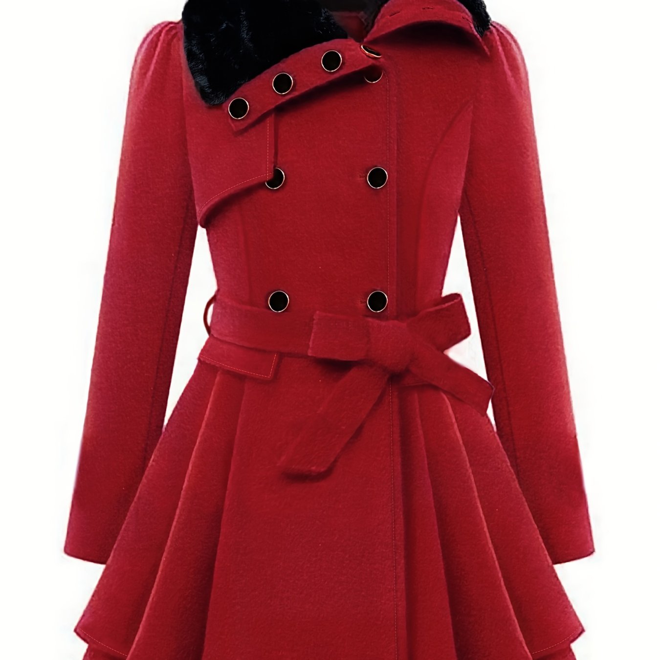 Chic Plus Size Women's Winter Coat - Casual Solid Color, Faux Fur Trim, Button-Up with Belt & Pockets, Machine Washable