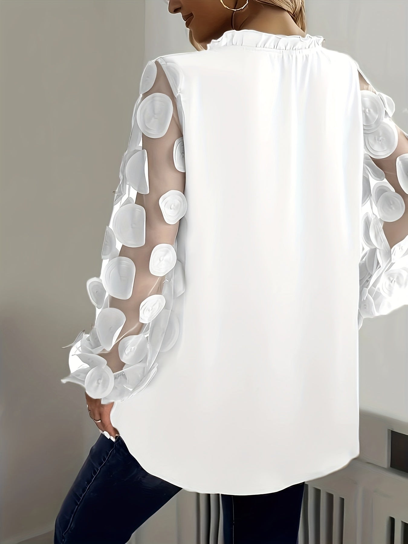 Plus Size Women'S Elegant White Blouse with Floral Mesh Sleeves - Long Sleeve, Notched Collar, Oversized Fit, Perfect for Night Outs, Casual to Formal Attire, Plus Size Blouse | Floral Pattern Top | Mesh Fabric Detail, Plus S