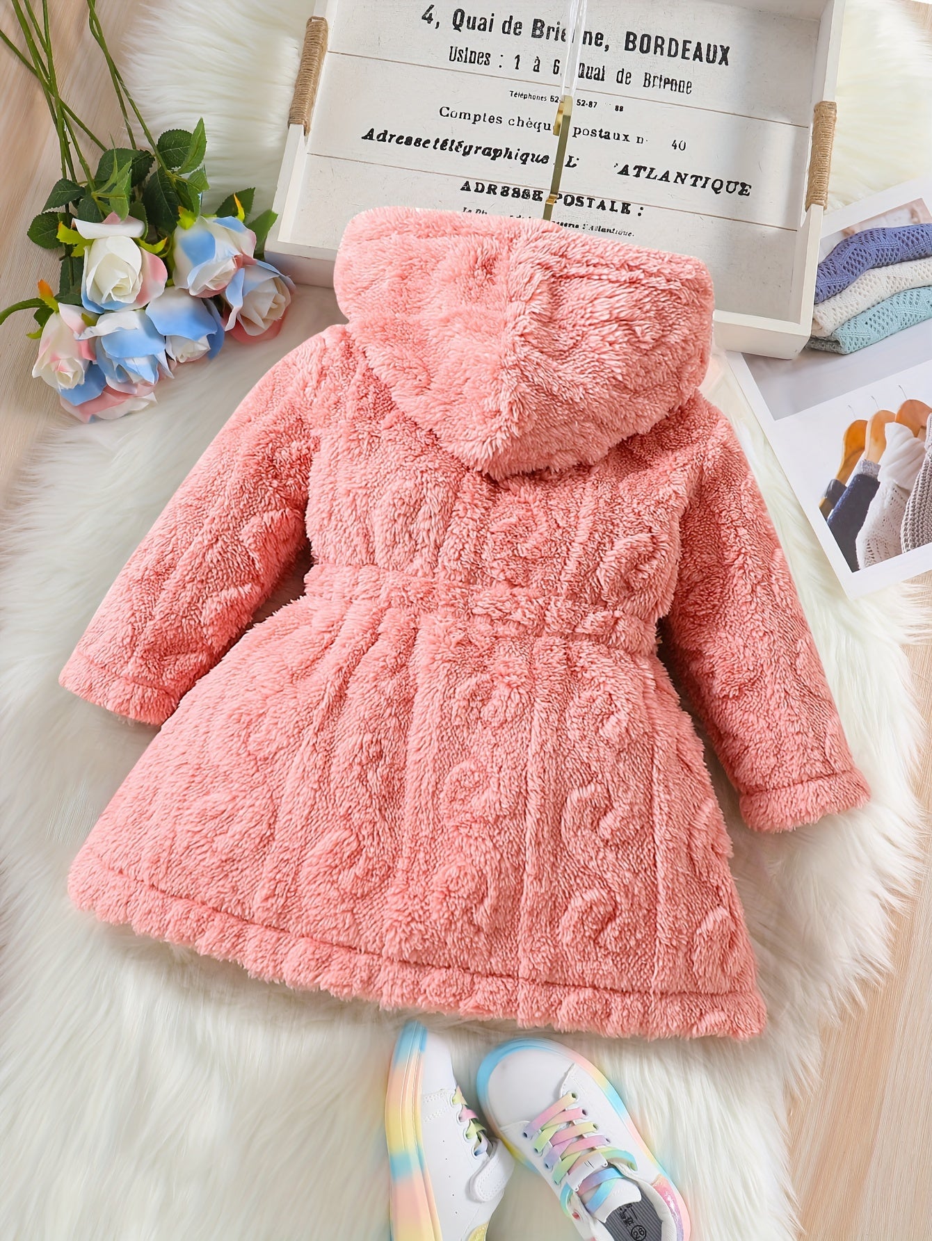 Baby's Warm Fuzzy Fleece Hooded Jacket, Casual Solid Color Zip Up Coat, Infant & Toddler Girl's Clothing For Winter Fall Outdoor