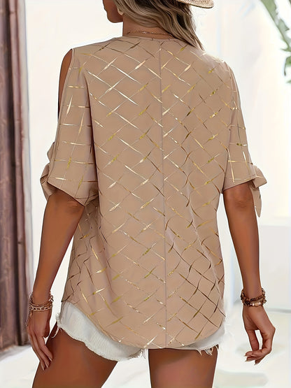 Elegant V-Neck Grid Pattern Blouse with Shoulder Cut-Outs - 100% Polyester Lightweight Women's Shirt, Machine Washable Spring/Summer Top for Casual & Formal Wear, Geometric Print Blouse, Feminine Chic Top, Nontransparent Fabr