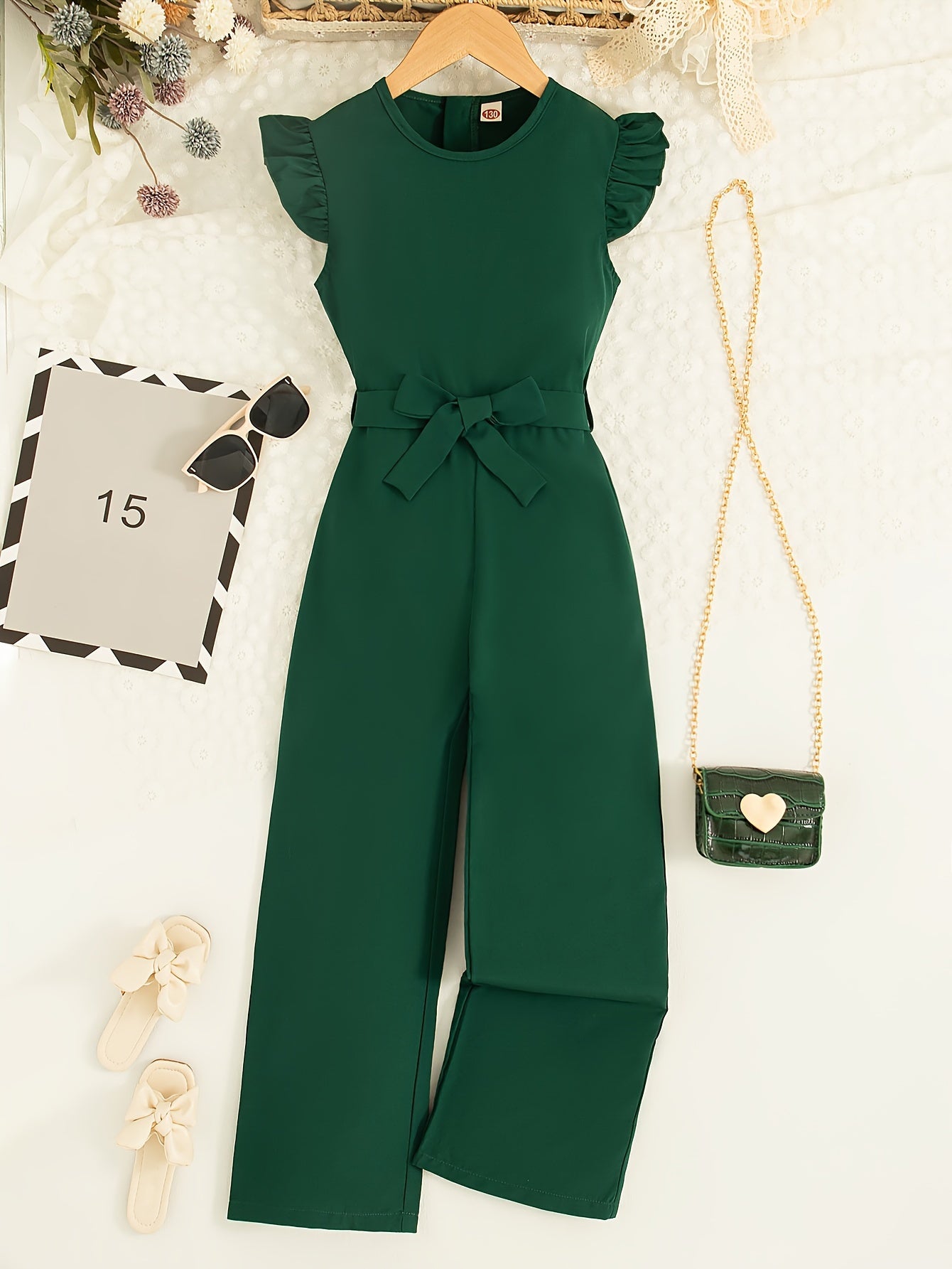 Elegant Girls Solid Belted Flutter Trim Jumpsuit Romper For Summer Party Gift Outdoor