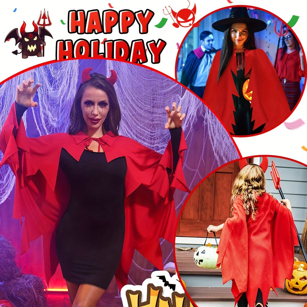 Devil Costume Set for Women - Halloween Outfit, Cosplay Cape &amp; Horn Headband with Trident, Polyester Vampire Cloak for Carnival Masquerade, Christmas, Easter, New Year, Birthday &amp; Bachelor Party - Suitable for Ages 14+ - No E