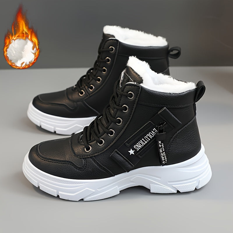 Women's Side Zipper Winter Thermal Snow Boots With Fleece Lining, Height Increased Thick-soled Platform Comfortable Lace-up Mid-tube Boots