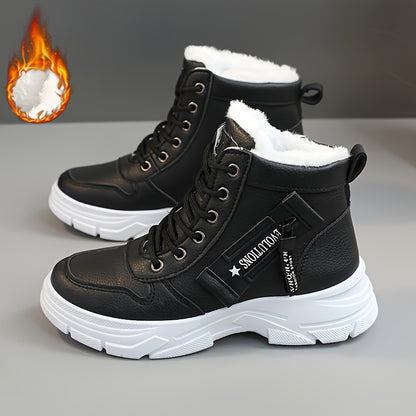 Women's Side Zipper Winter Thermal Snow Boots With Fleece Lining, Height Increased Thick-soled Platform Comfortable Lace-up Mid-tube Boots