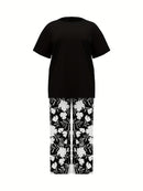 Plus Size Elegant Two-piece Set, Solid Crew Neck Short Sleeve Top & Floral Print Pants Outfits, Women's Plus Size Clothing