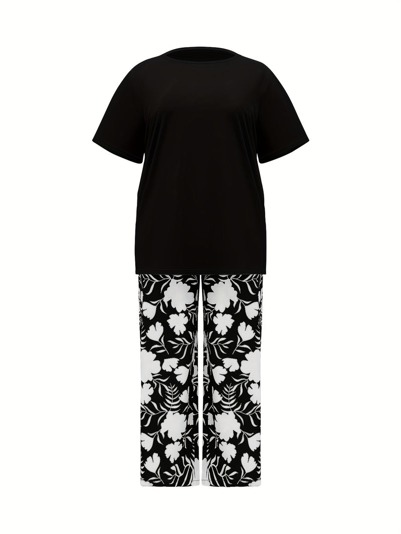 Plus Size Elegant Two-piece Set, Solid Crew Neck Short Sleeve Top & Floral Print Pants Outfits, Women's Plus Size Clothing