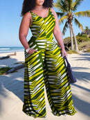 Plus Size, Plus Size Women's Sleeveless V-Neck Geometric Striped Jumpsuit - Wide-Leg Beach Vacation Outfit, Green Yellow White Purple Casual Elegance, Machine Washable All-Season Wear, Beach Clothes, Summer Wardrobe, Elegant
