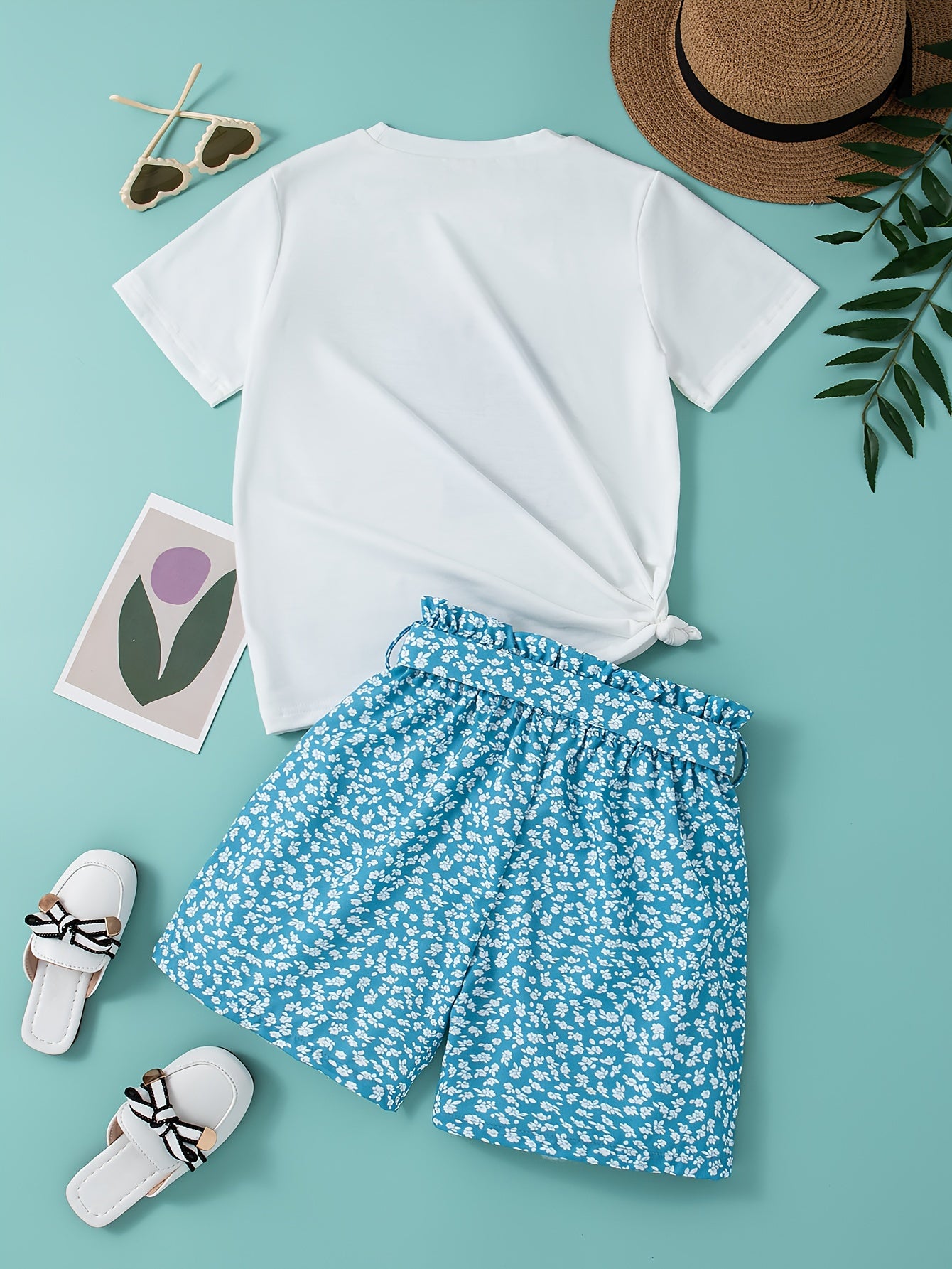 Girls' Summer Casual Outfit Set - Cartoon Print Bow T-Shirt & Floral Shorts with Belt, Breathable Polyester Blend, Perfect for Outdoor