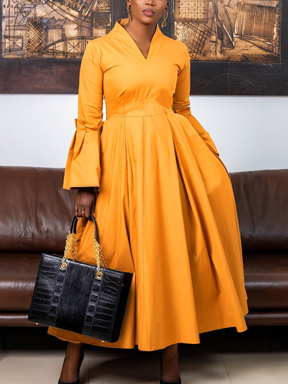 Plus Size Solid Color Dress, Elegant Flare Sleeve V Neck Dress For Spring & Fall, Women's Plus Size Clothing