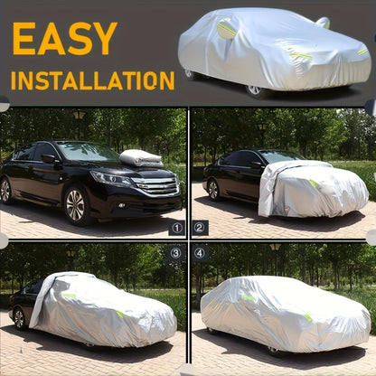 UV-Resistant & Dustproof Car Cover with Reflective Safety Strips - Fits Cars, SUVs, Pickups & Hatchbacks, Durable Polyester, Silvery