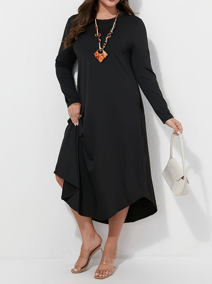 Plus Size Solid Color Dress, Casual Long Sleeve Crew Neck Dress for Spring & Fall, Women's Plus Size Clothing