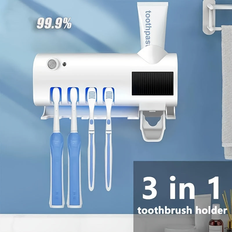 1pc Smart UV Disinfecting Toothbrush Holder with Solar Panel, Wall-Mounted 4-Slot Toothbrush Sanitizer and Squeegee Toothpaste Dispenser, Automatic Power-Off, Bathroom Accessory, No-Drill Installation, USB Rechargeable Lithiu