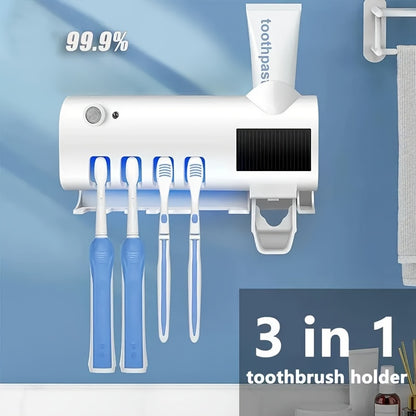 1pc Smart UV Disinfecting Toothbrush Holder with Solar Panel, Wall-Mounted 4-Slot Toothbrush Sanitizer and Squeegee Toothpaste Dispenser, Automatic Power-Off, Bathroom Accessory, No-Drill Installation, USB Rechargeable Lithiu